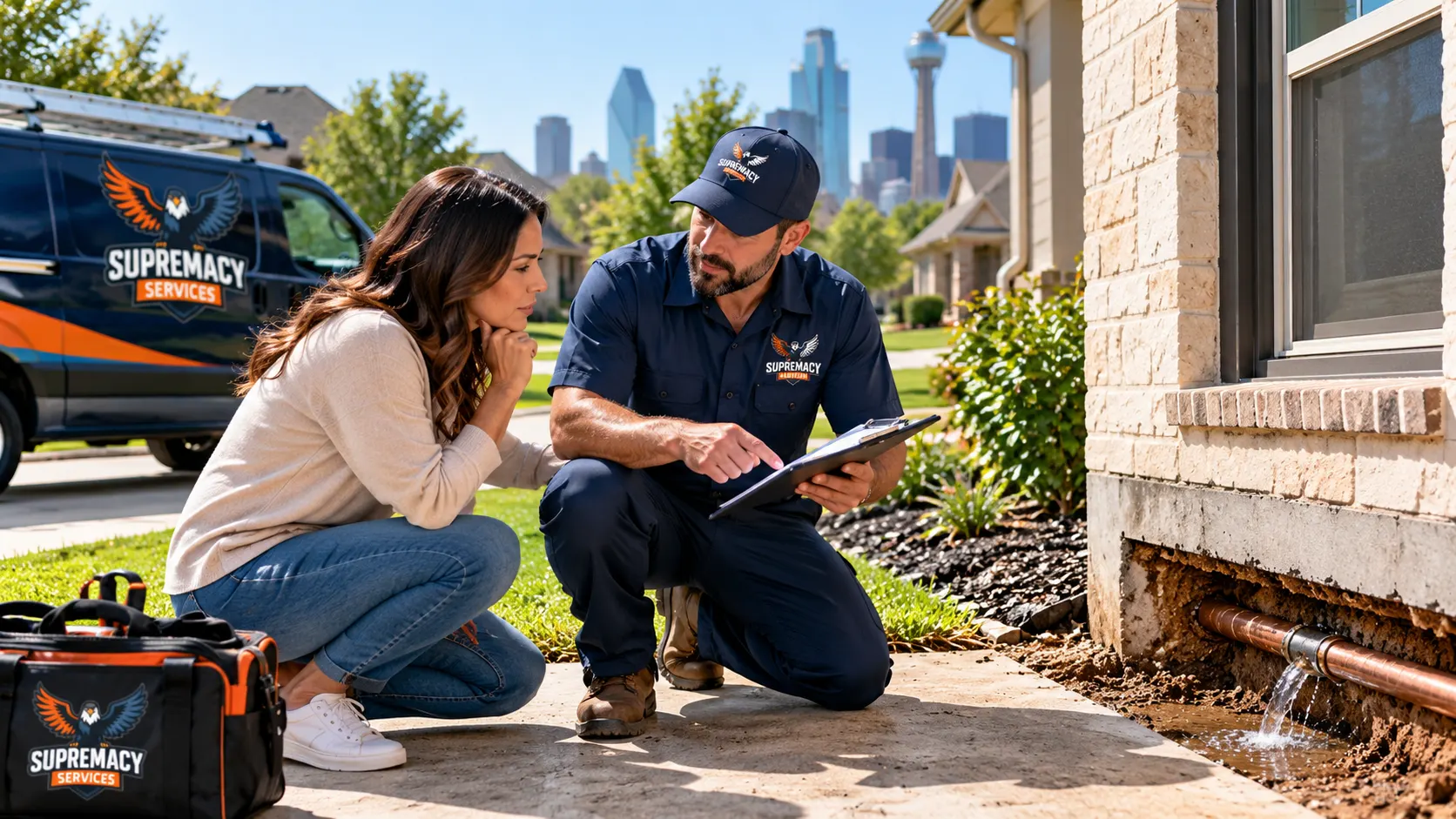 Supremacy Services plumber discussing a suspected slab leak with a Dallas homeowner outside a residential property.