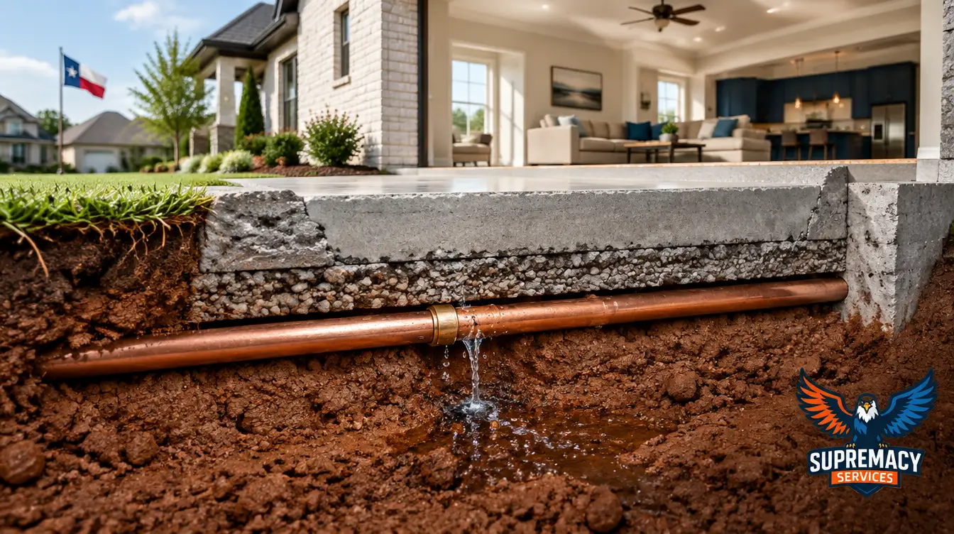 Cross-section of a Dallas home showing a leaking copper water pipe beneath the concrete slab foundation