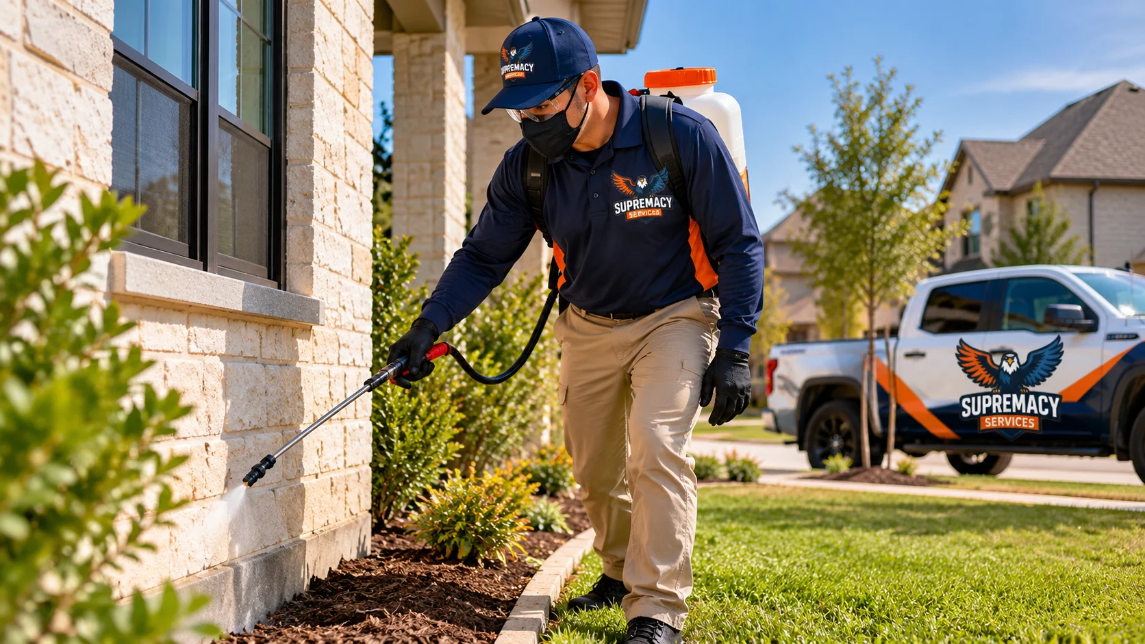 Supremacy Services technician applying exterior perimeter pest control around the foundation of a Dallas home