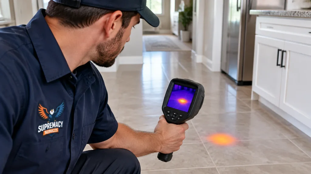 Plumbing technician scanning a residential tile floor with an infrared thermal camera to investigate unusual temperatures associated with a suspected hot-water slab leak.