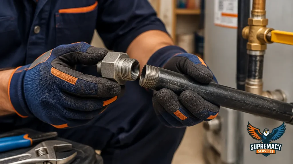 Close-up of a professional plumber inspecting a threaded residential gas pipe fitting to determine whether a localized repair is appropriate.