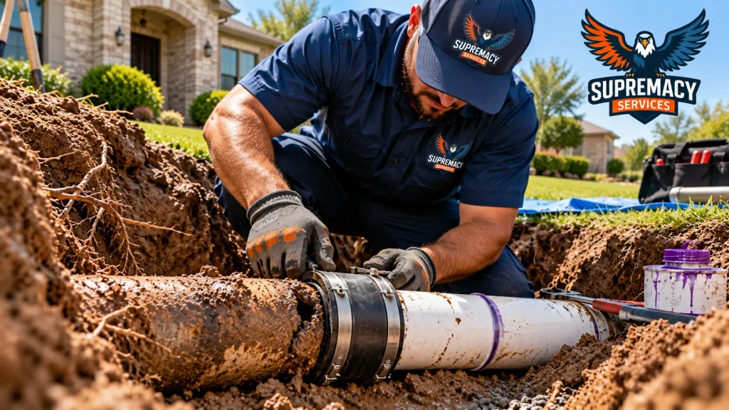 Supremacy Services plumber connecting a replacement PVC sewer pipe section to an older underground pipe using a repair coupling.