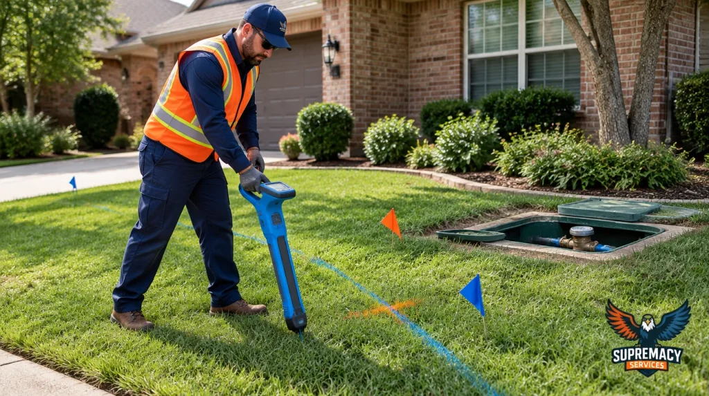 Utility locating technician using electronic detection equipment to identify buried water lines in a Dallas residential yard.