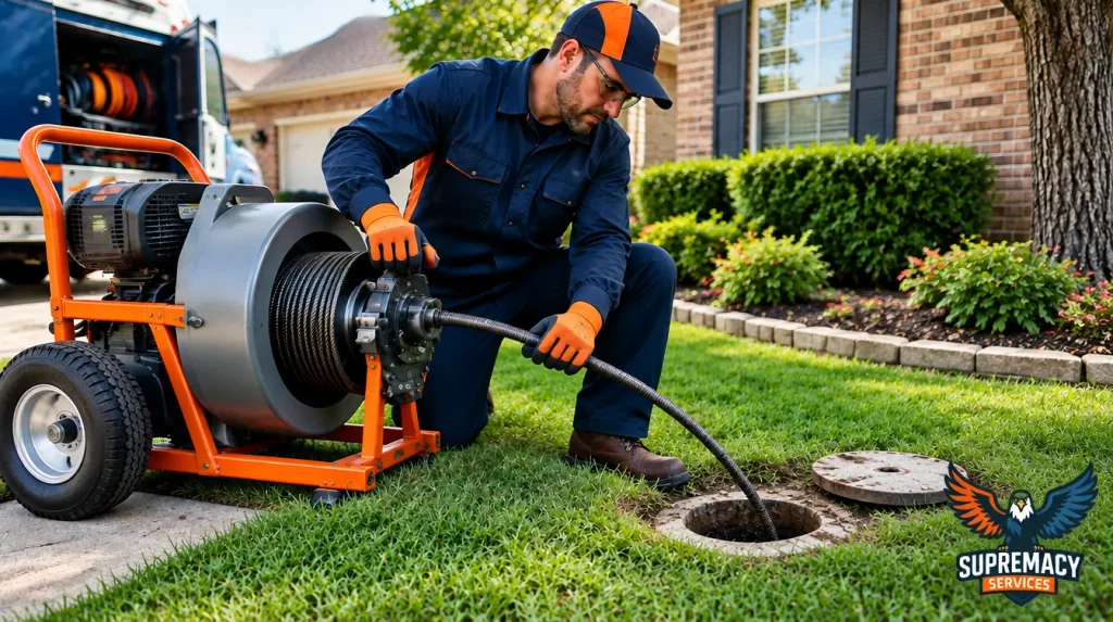 Dallas plumber using a mechanical sewer cleaning machine to remove tree roots obstructing a residential sewer line.