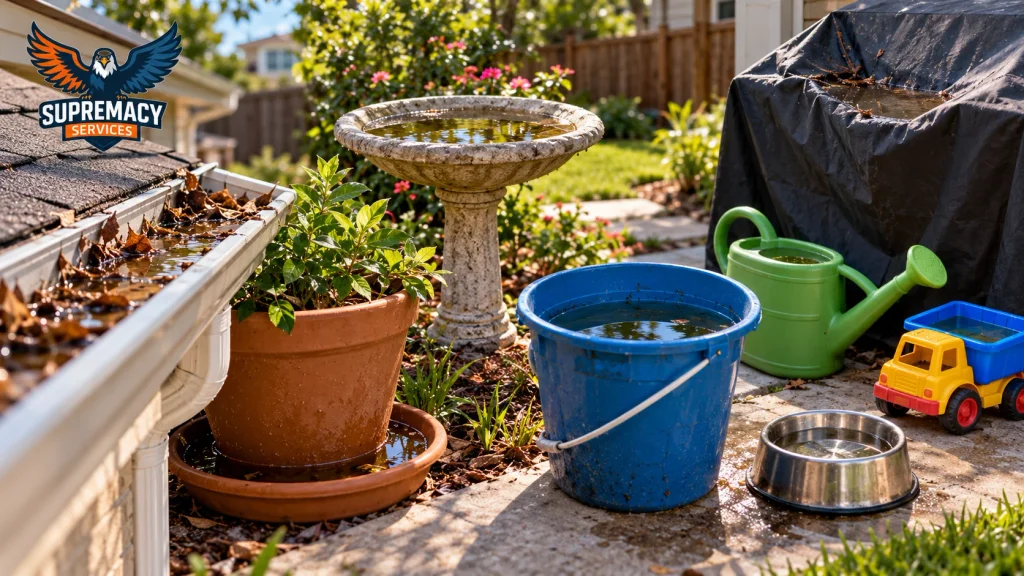 Birdbath, plant saucer, gutter and bucket holding standing water around a North Texas home