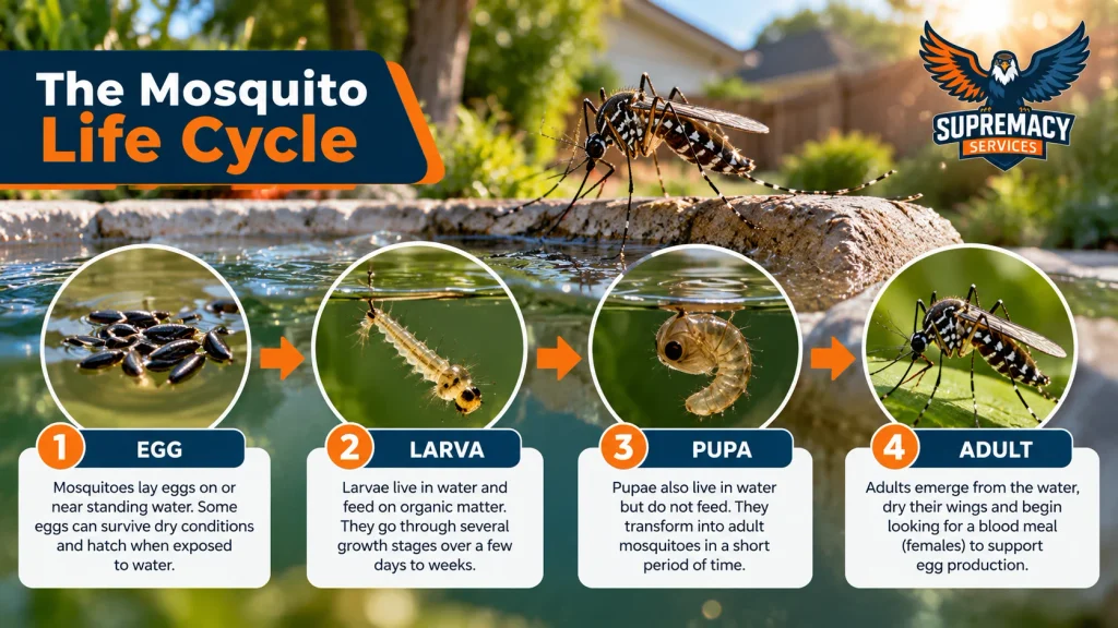 Egg, larva, pupa and adult stages of the mosquito life cycle