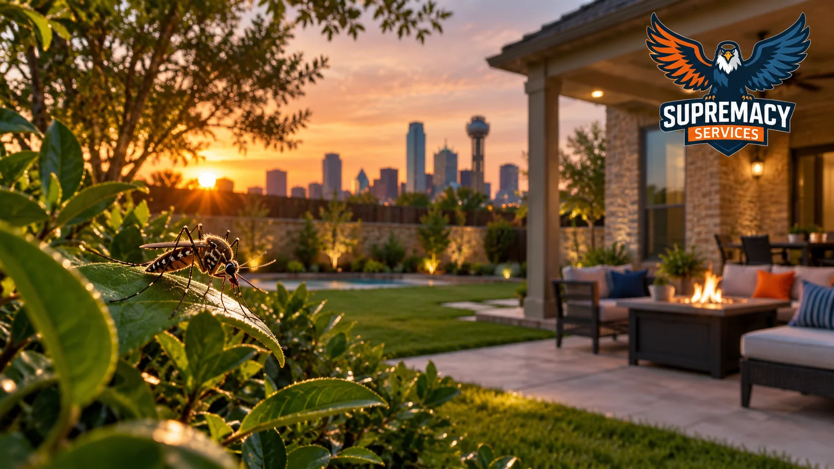 Mosquito near a landscaped Dallas-Fort Worth backyard during spring;