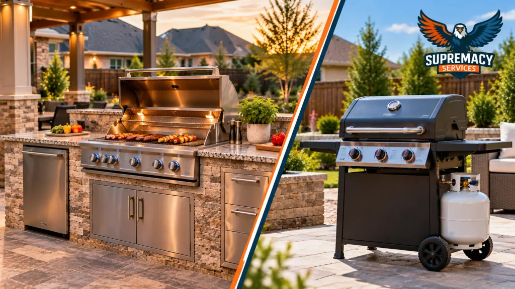 Side-by-side comparison of a built-in natural gas outdoor kitchen grill and a portable propane grill with a fuel cylinder.