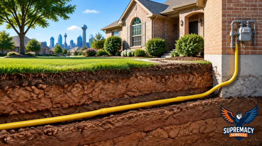 Cross-section of an underground natural gas pipe beneath a North Texas home's yard.