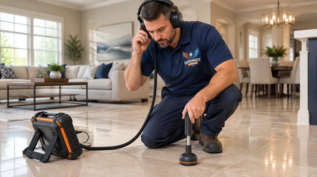 Professional plumber using electronic acoustic leak detection equipment to locate a suspected water leak beneath a tiled floor in a Dallas home.
