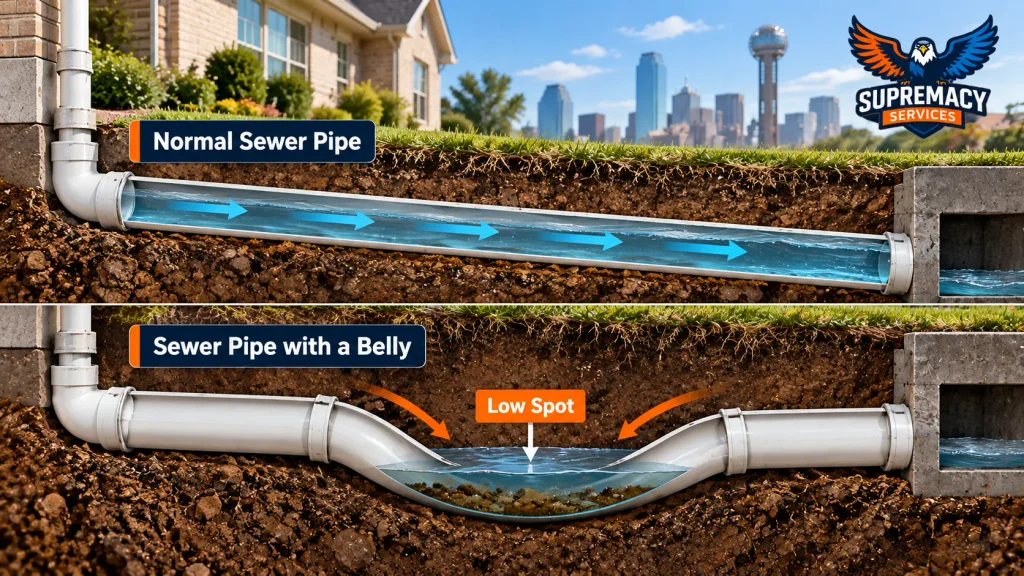 Comparison of a properly sloped sewer pipe and a sagging sewer line with standing wastewater and sediment.