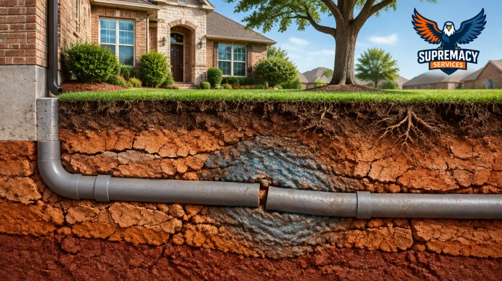 Underground sewer pipe affected by expanding and shrinking clay soil beneath a residential property in Dallas, Texas.