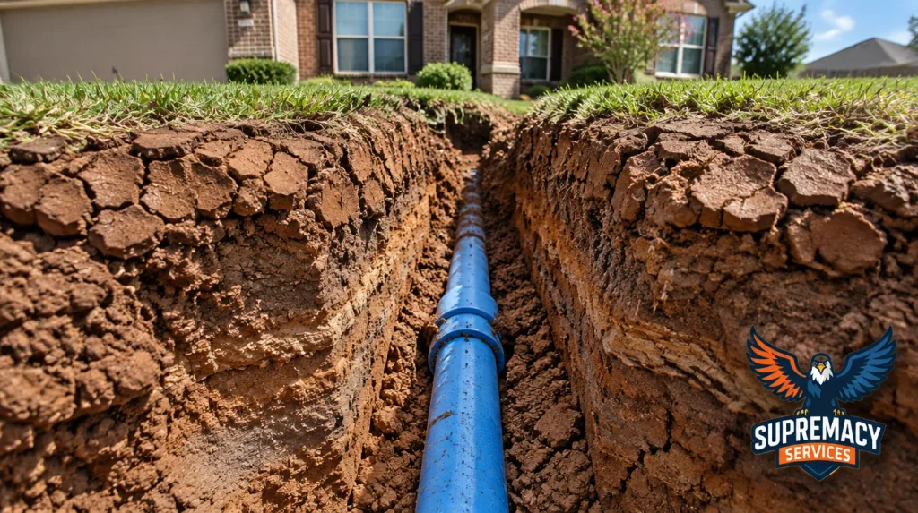 Residential underground water pipe surrounded by dense clay soil in an excavated North Texas yard.