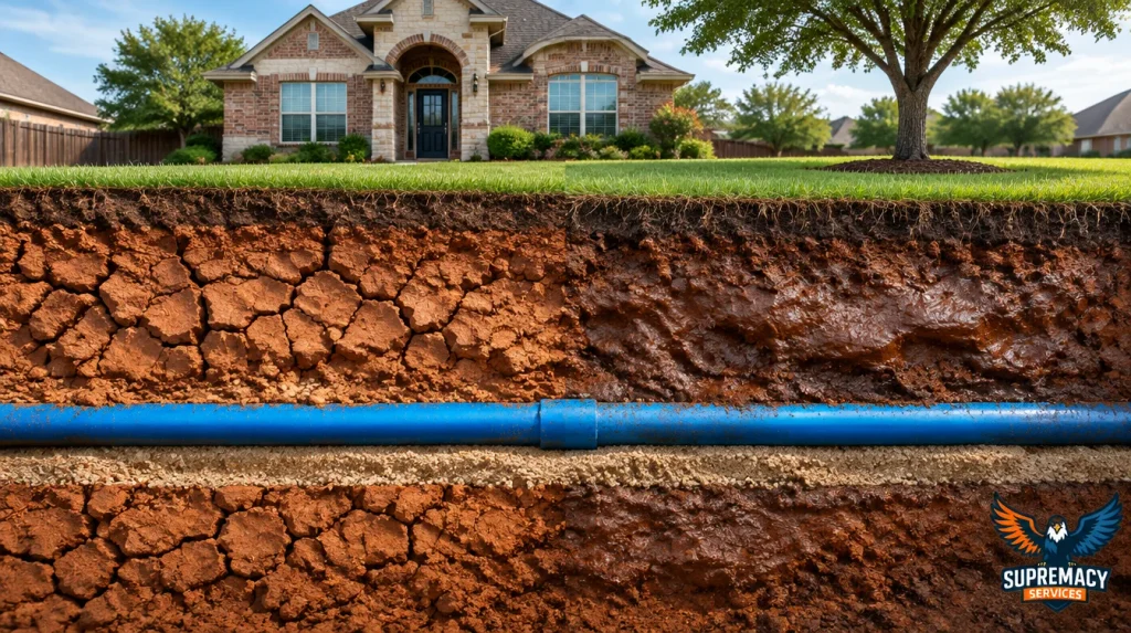 Underground residential water pipe surrounded by expansive clay soil beneath a North Texas home.