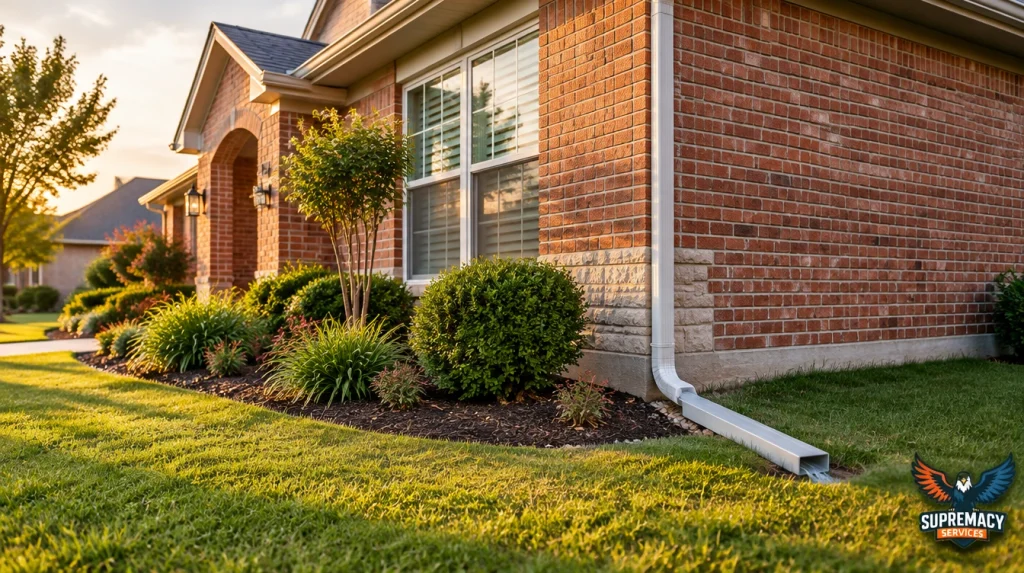 North Texas brick home with gutters and downspouts directing rainwater away from the concrete slab foundation.