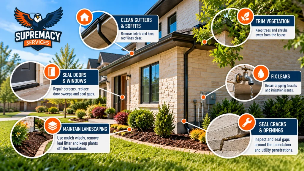 North Texas home exterior pest-prevention infographic showing vegetation trimming, leak repairs, sealed doors and foundation maintenance.