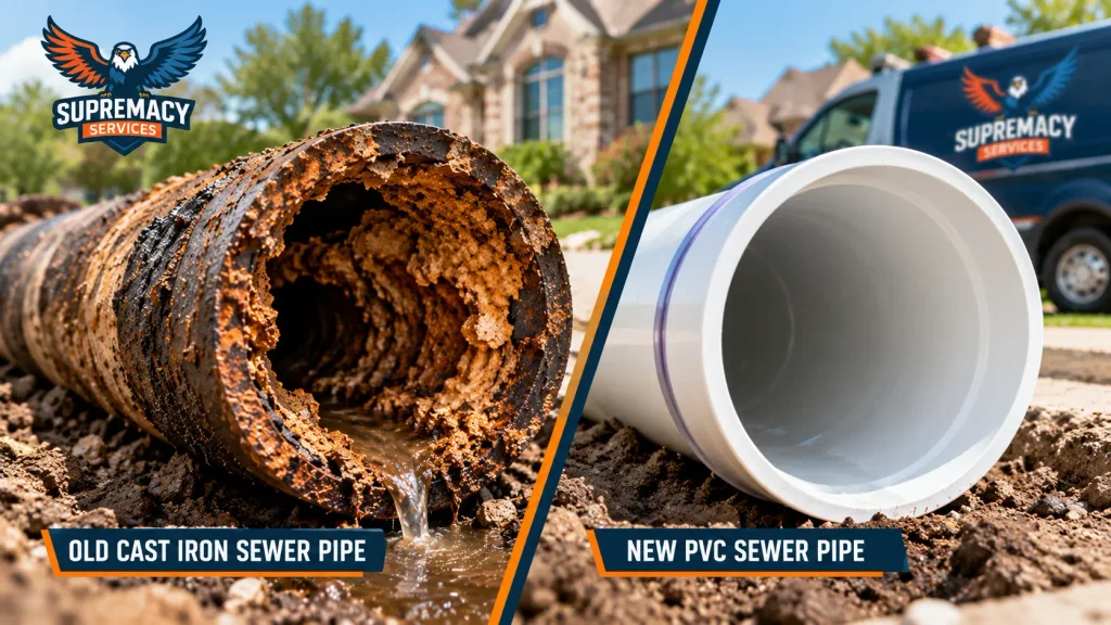 Side-by-side comparison of a heavily corroded cast iron sewer pipe and a clean new PVC sewer replacement pipe.