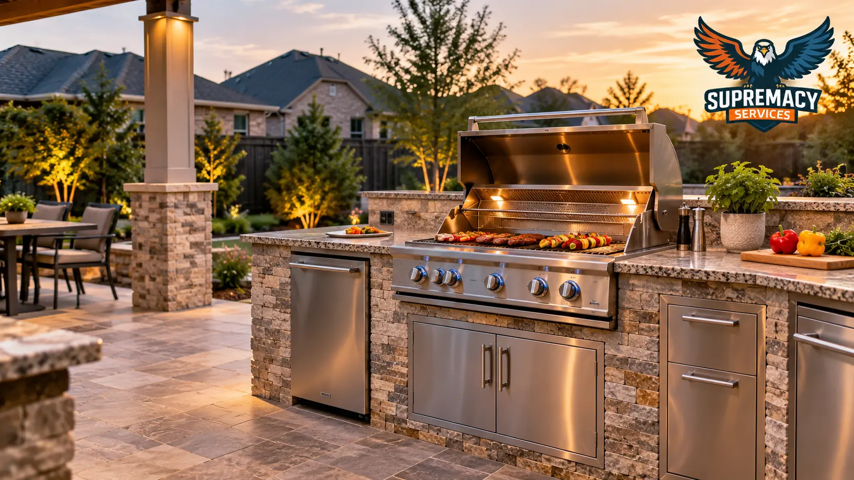 Luxury outdoor kitchen with built-in natural gas grill and stone countertops in a Dallas backyard.