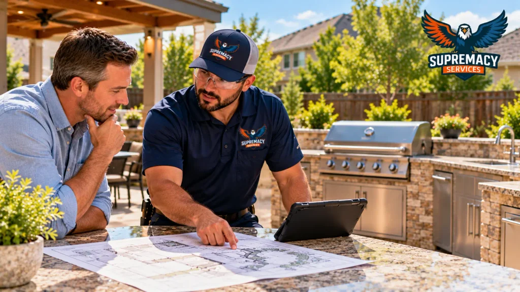 Supremacy Services technician reviewing outdoor kitchen gas line installation plans with a homeowner beside a built-in grill.