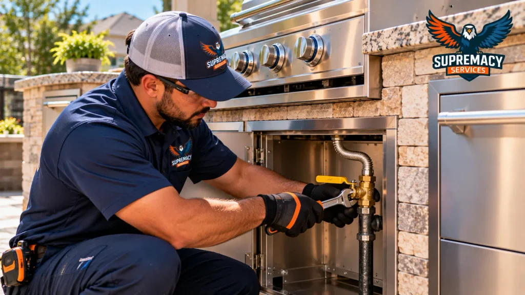 Supremacy Services plumber inspecting a gas shutoff valve and piping connection beneath a built-in outdoor grill.