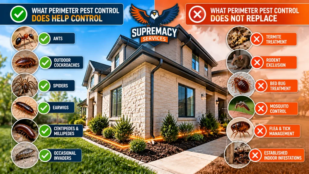 Comparison infographic showing crawling pests perimeter treatment may help control and pests requiring specialized management.