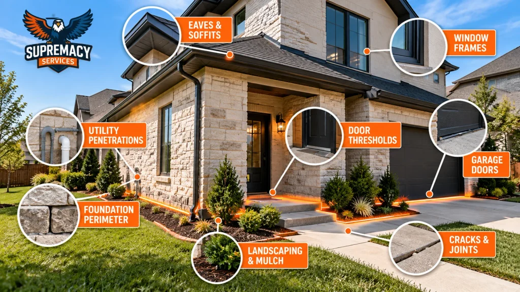 Illustrated Dallas home highlighting foundation perimeters, doors, windows, utility openings and other exterior pest treatment areas.