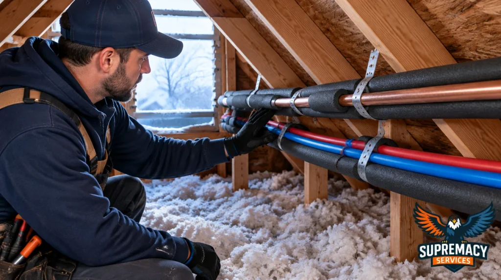 Insulated copper and PEX water pipes in a North Texas attic showing protection against winter freezing.