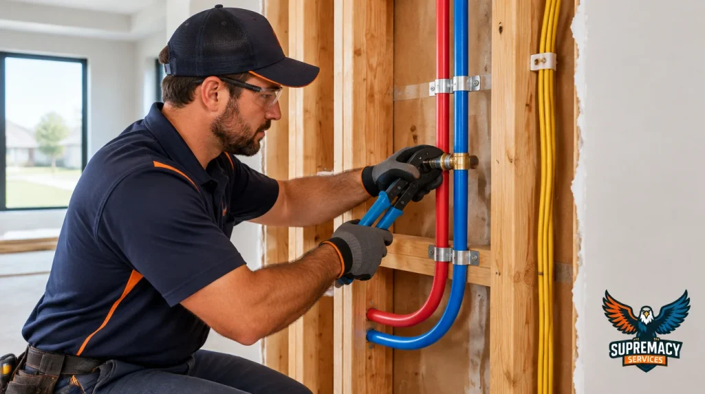 Professional plumber installing red and blue PEX water supply lines inside a Dallas home's wall framing.
