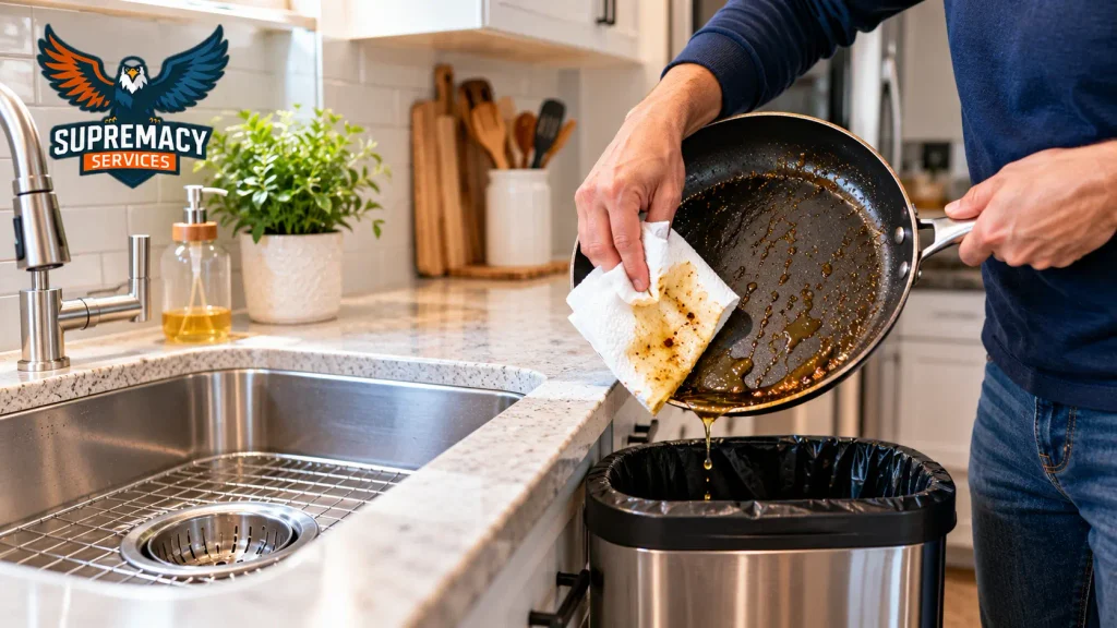 Homeowner wiping cooking grease from a frying pan into the trash instead of pouring it down the kitchen sink.