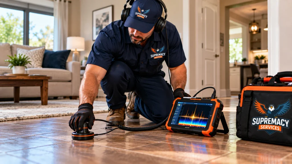 Supremacy Services plumbing technician using acoustic leak detection equipment to investigate a hidden water leak beneath residential flooring.