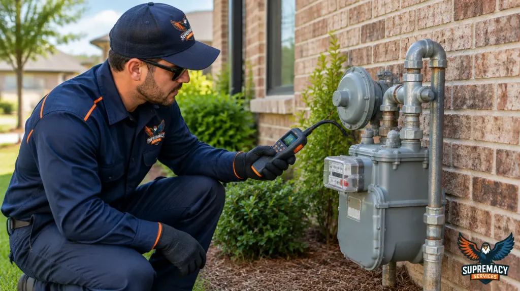 Qualified gas technician using electronic leak detection equipment to inspect residential natural gas piping near an outdoor gas meter.