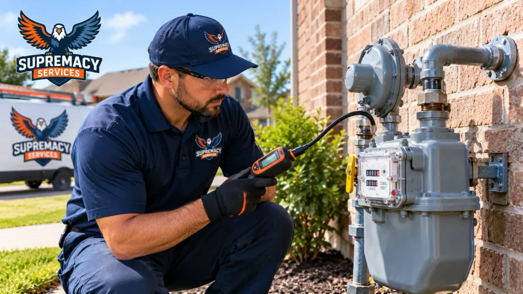 Supremacy Services technician using an electronic gas detector to inspect an outdoor residential gas meter in Dallas.