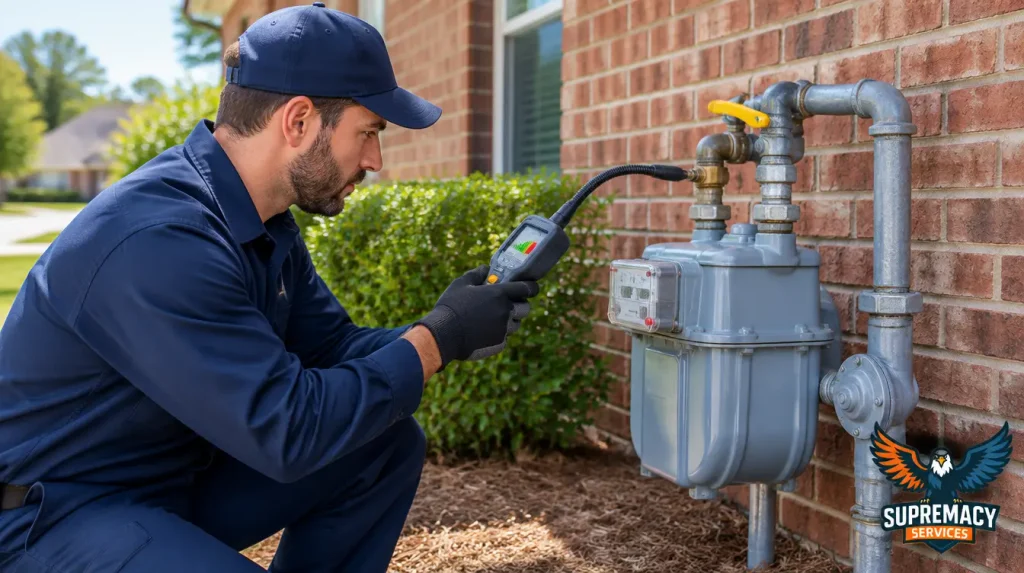 Professional plumber using an electronic gas leak detector to inspect exterior natural gas piping at a Dallas home.