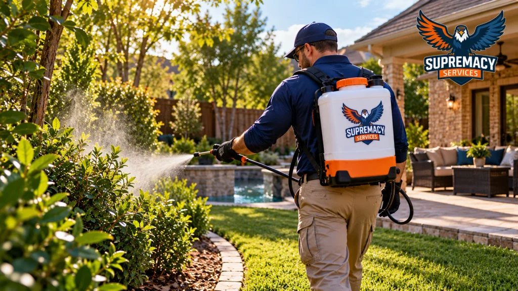 control technician inspecting shaded landscaping around a Dallas-Fort Worth backyard