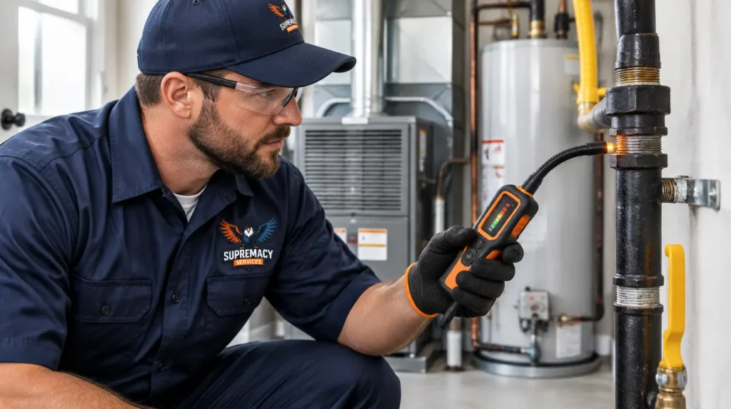 Plumbing technician using electronic gas leak detection equipment to inspect residential gas piping in Dallas.