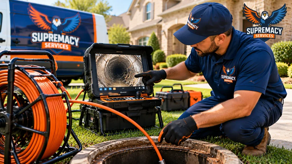 Supremacy Services plumber examining sewer pipe damage on a camera inspection monitor outside a residential property.