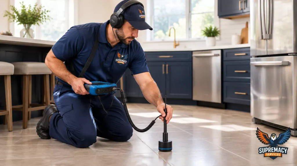Professional plumber using electronic acoustic leak detection equipment to investigate a suspected water leak beneath the tiled floor of a Dallas home.
