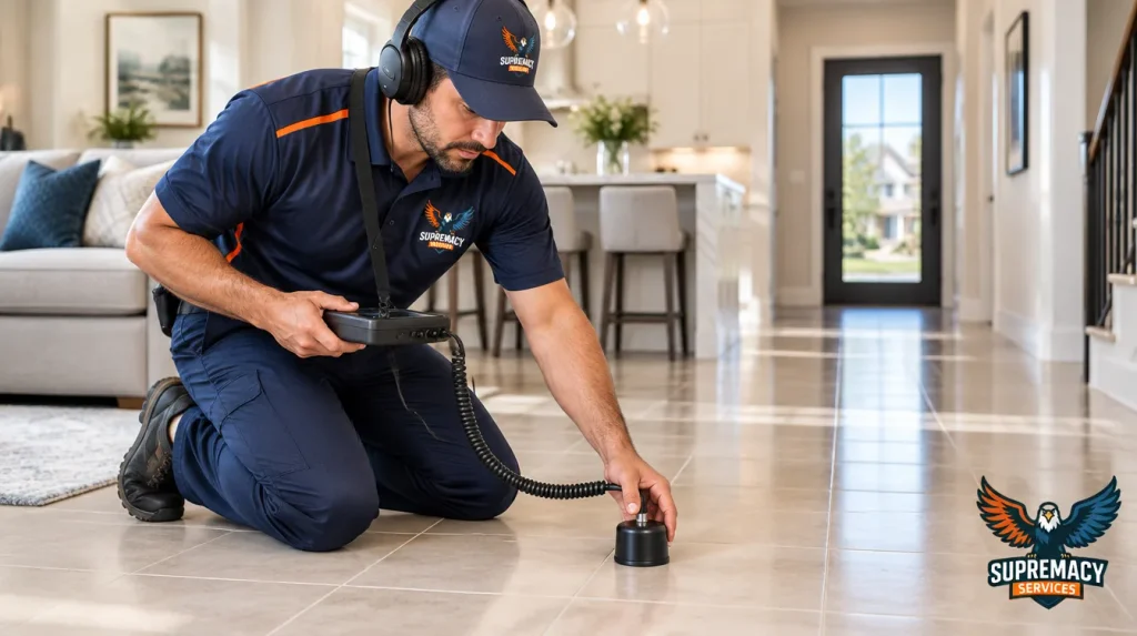 Professional plumber using electronic acoustic leak detection equipment on tile flooring inside a Dallas home.