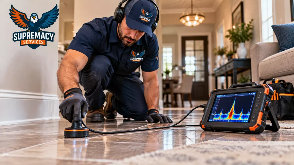 Supremacy Services technician using electronic acoustic leak detection equipment on a tiled floor to investigate a concealed plumbing leak.