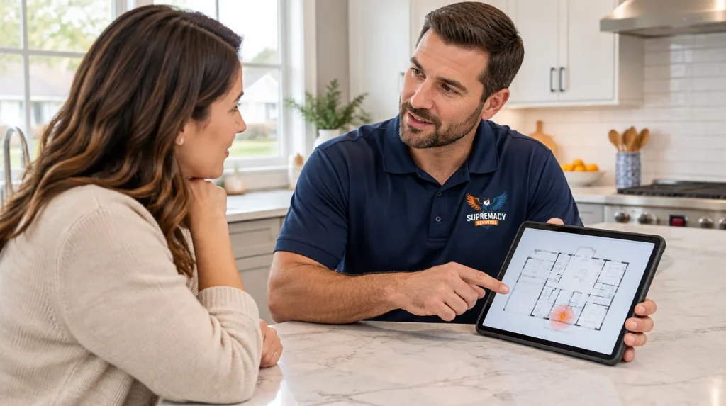 Supremacy Services plumber reviewing suspected slab leak inspection findings and possible plumbing repair options with a homeowner in Dallas, Texas.