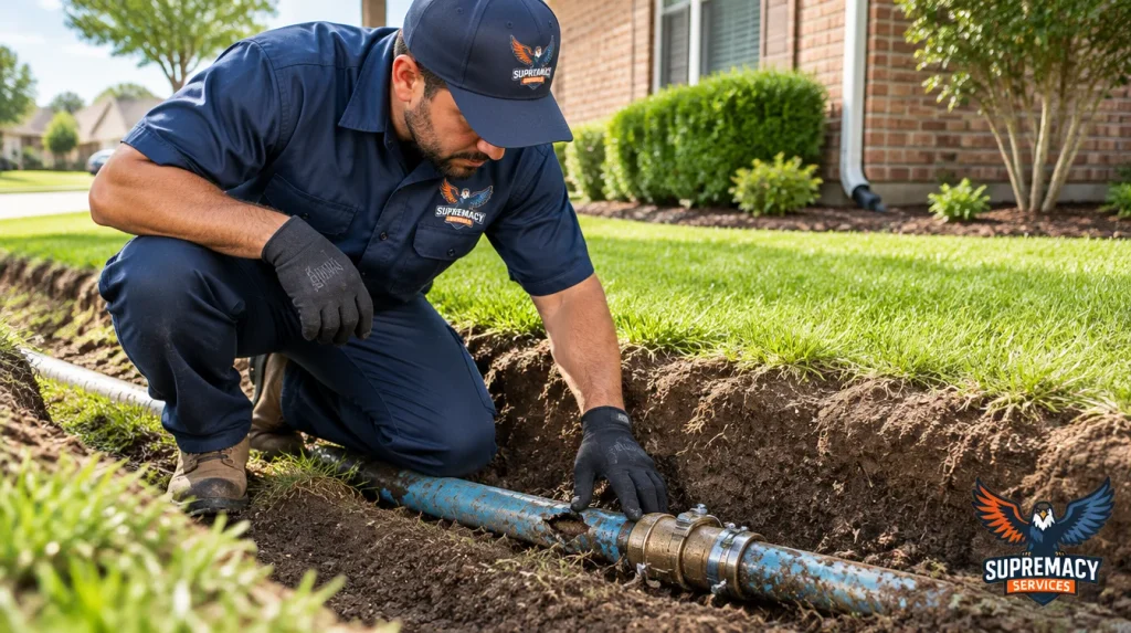 Professional plumber inspecting an exposed underground residential water supply pipe during a water line repair in Dallas, Texas.