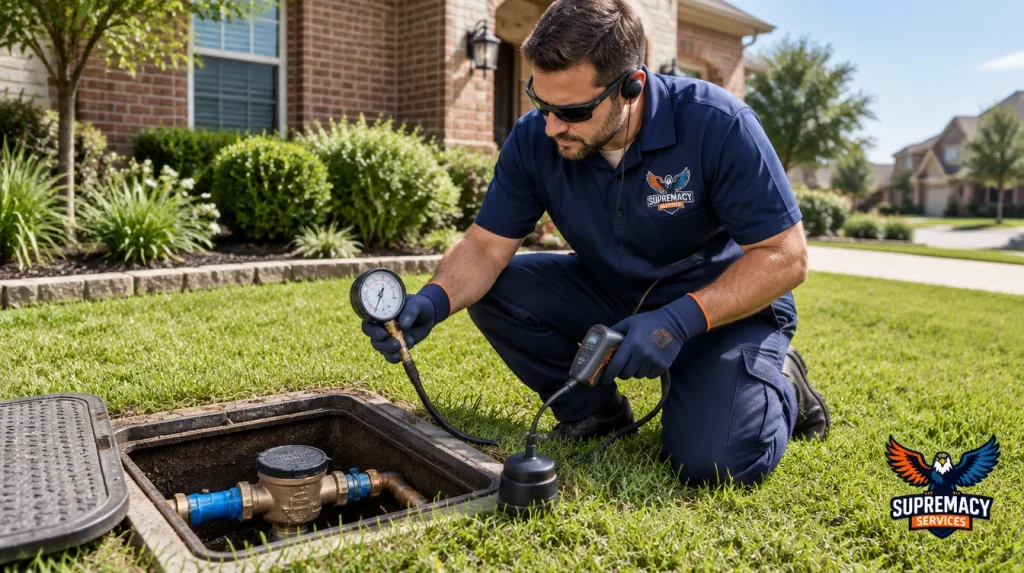 Professional plumber inspecting a residential water meter and using leak detection equipment outside a Dallas home.