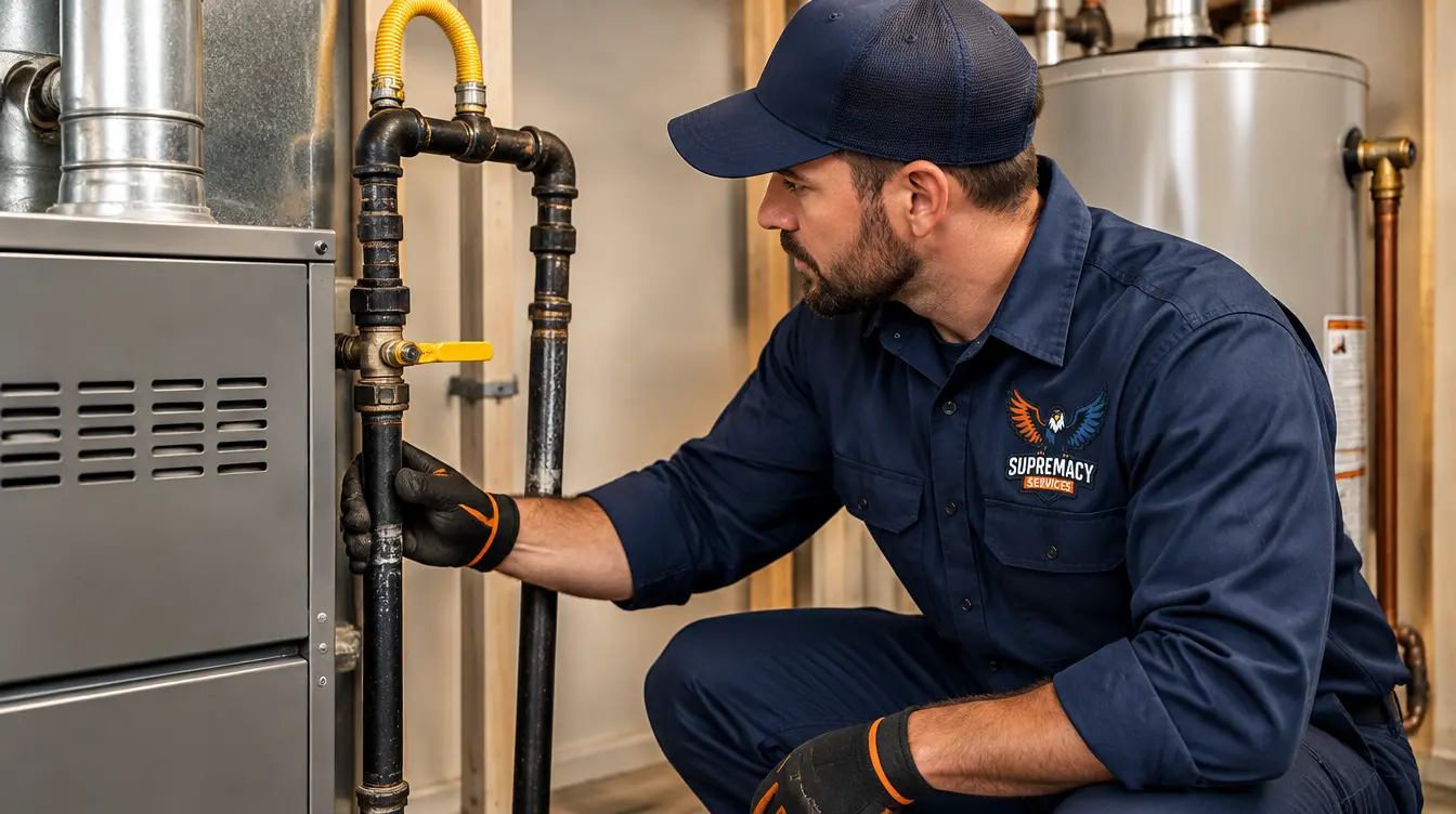 Professional plumber inspecting residential natural gas pipes inside a Dallas, Texas home.