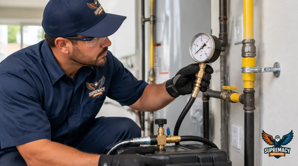 Professional plumbing technician checking a pressure gauge during a residential natural gas piping pressure test in Dallas, Texas.