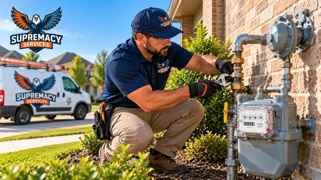 Supremacy Services plumbing technician working on exterior residential gas piping beside a gas meter at a Dallas home.