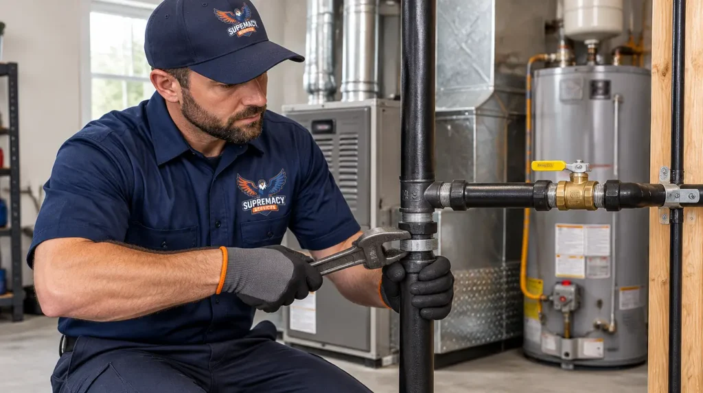 Professional plumber installing replacement natural gas piping inside a Dallas, Texas home.