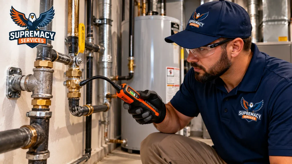 Supremacy Services technician inspecting residential gas pipe fittings and valves with electronic detection equipment.
