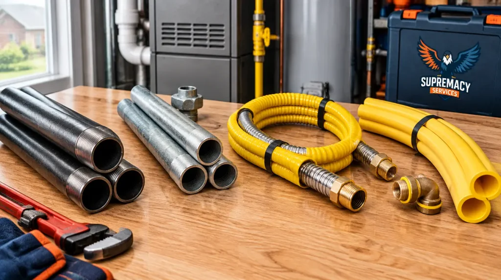 Black steel, galvanized steel, flexible CSST, and polyethylene residential gas pipe materials.