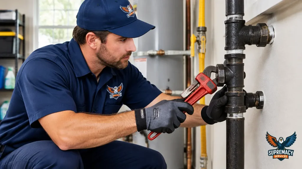 Professional plumber inspecting and repairing residential natural gas piping and fittings inside a Dallas, Texas home.