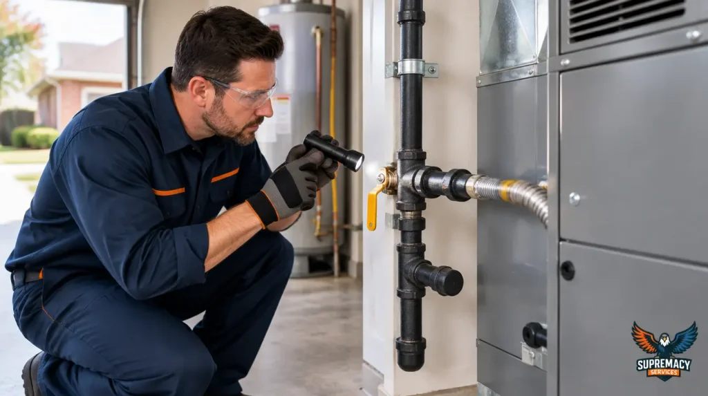 Plumber using a flashlight to inspect gas pipe connections beside a residential furnace.